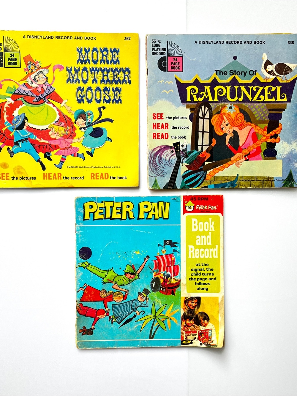 VTG Disney More Mother Goose Peter Pan Rapunzel Book Record Bundle